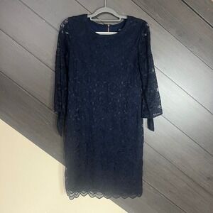 Liz Claiborne Womens Lace Sheath Dress Floral Navy Size 10 Elegant Cocktail